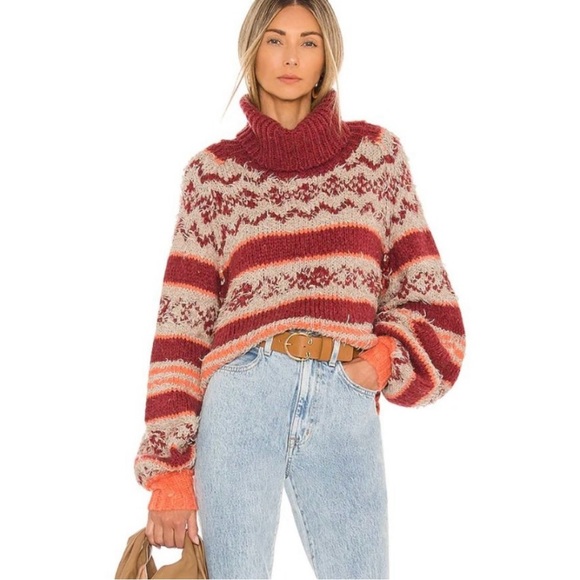 Free People Sweaters - Free People Check Me Out Sweater Red Peach Cream Cowl Turtleneck Oversized